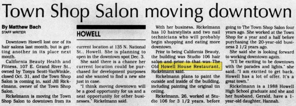 Old Howell House Restaurant - Nov 20 1996 Article (newer photo)